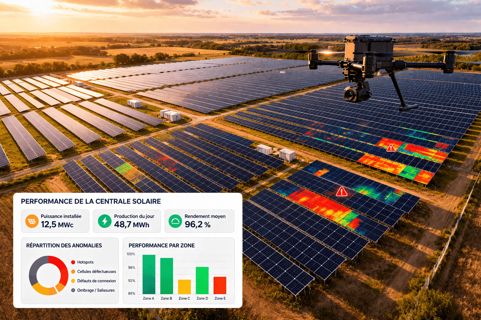 Inspection de performance de centrales solaires photovoltaïques par drone (thermographie infrarouge)