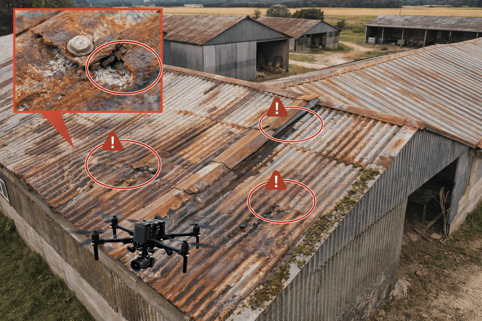 Inspection de corrosion de toiture agricole par drone (bac acier, hangar, élevage)