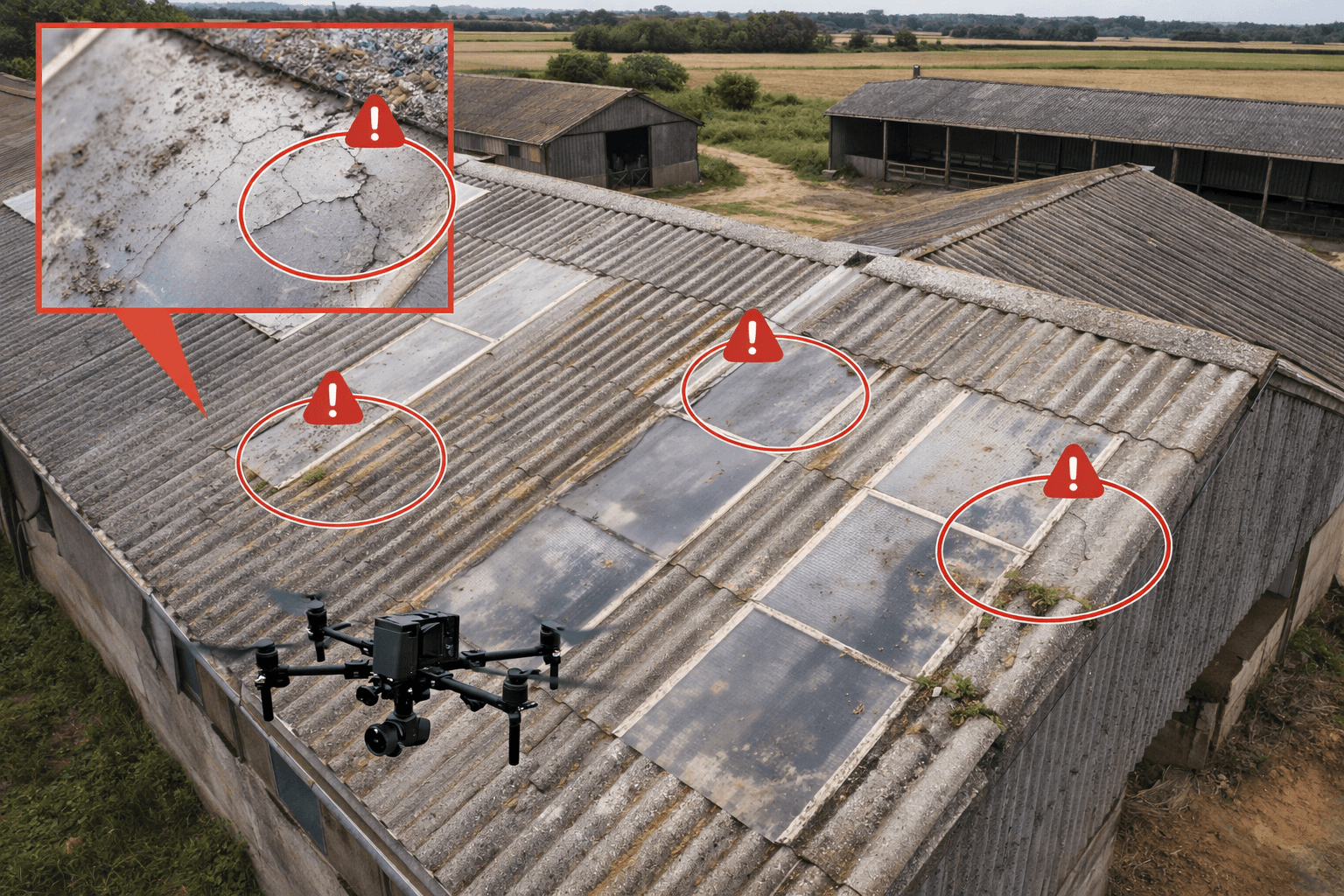 Inspection de panneaux translucides de toiture agricole par drone (polycarbonate, fibrociment)