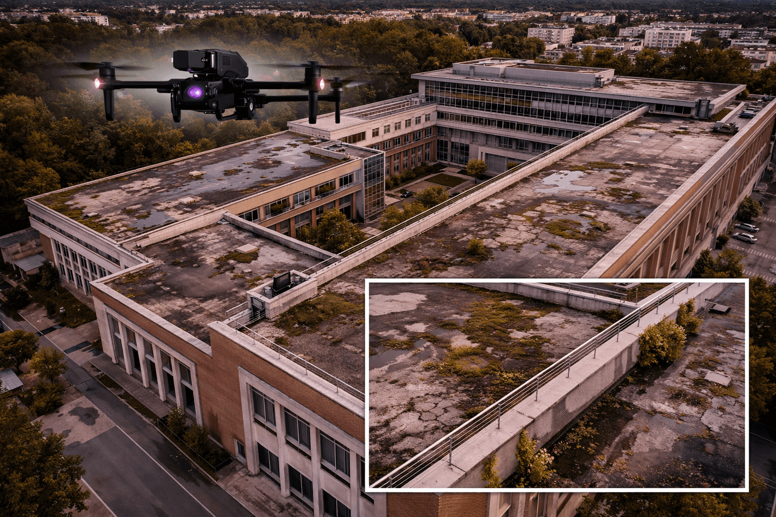 Inspection de toiture terrasse de bâtiments publics par drone