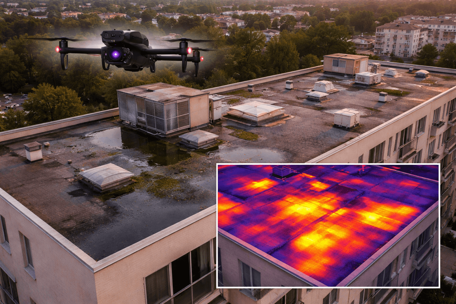 Analyse thermique de toiture d'immeuble par drone (thermographie infrarouge)