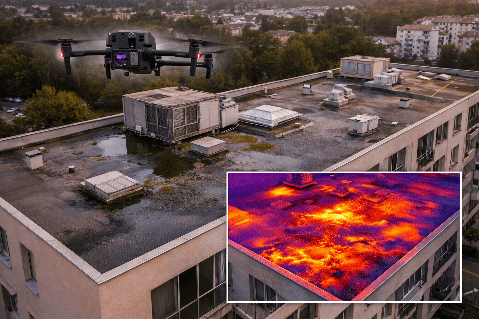 Inspection d'étanchéité de toiture d'immeuble par drone