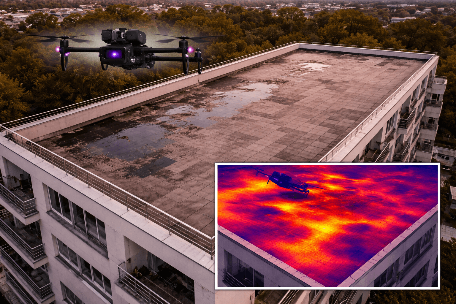 Inspection de terrasse de toiture d'immeuble par drone