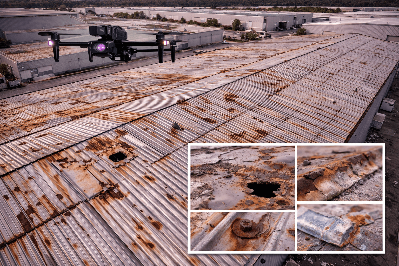 Inspection de corrosion de toiture industrielle par drone (bac acier, zinc, étanchéité)