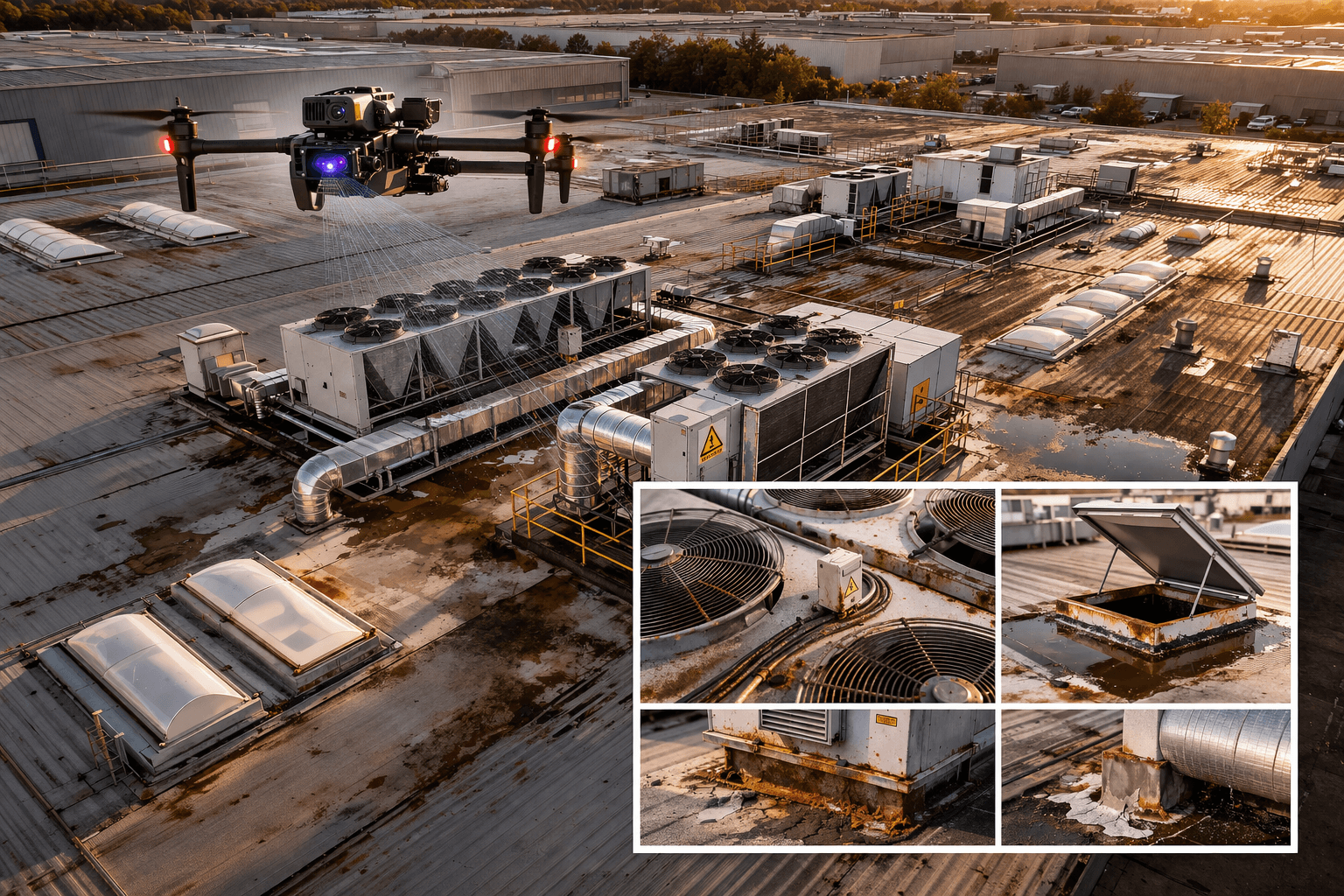 Inspection des équipements de toiture industrielle par drone