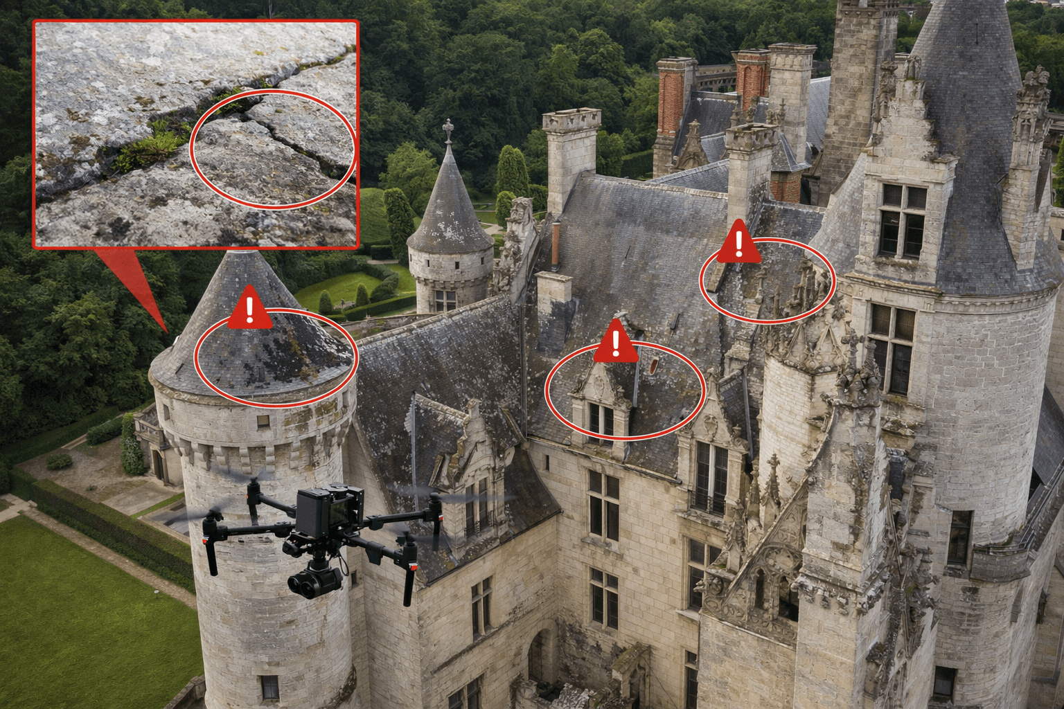 Inspection de toiture de château par drone (diagnostic toiture et tours)