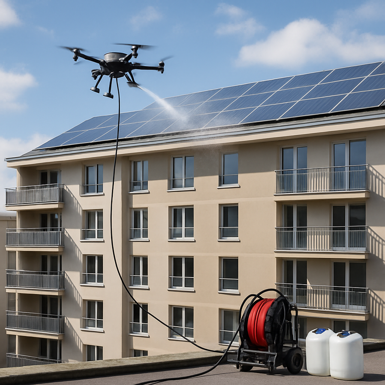 Nettoyage de panneaux photovoltaïques sur immeuble résidentiel